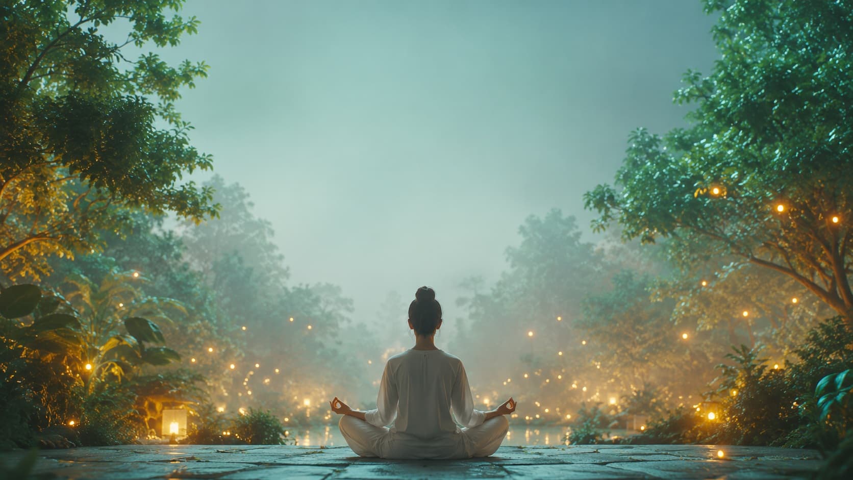 Someone sitting in quiet reflection among trees and soft lights