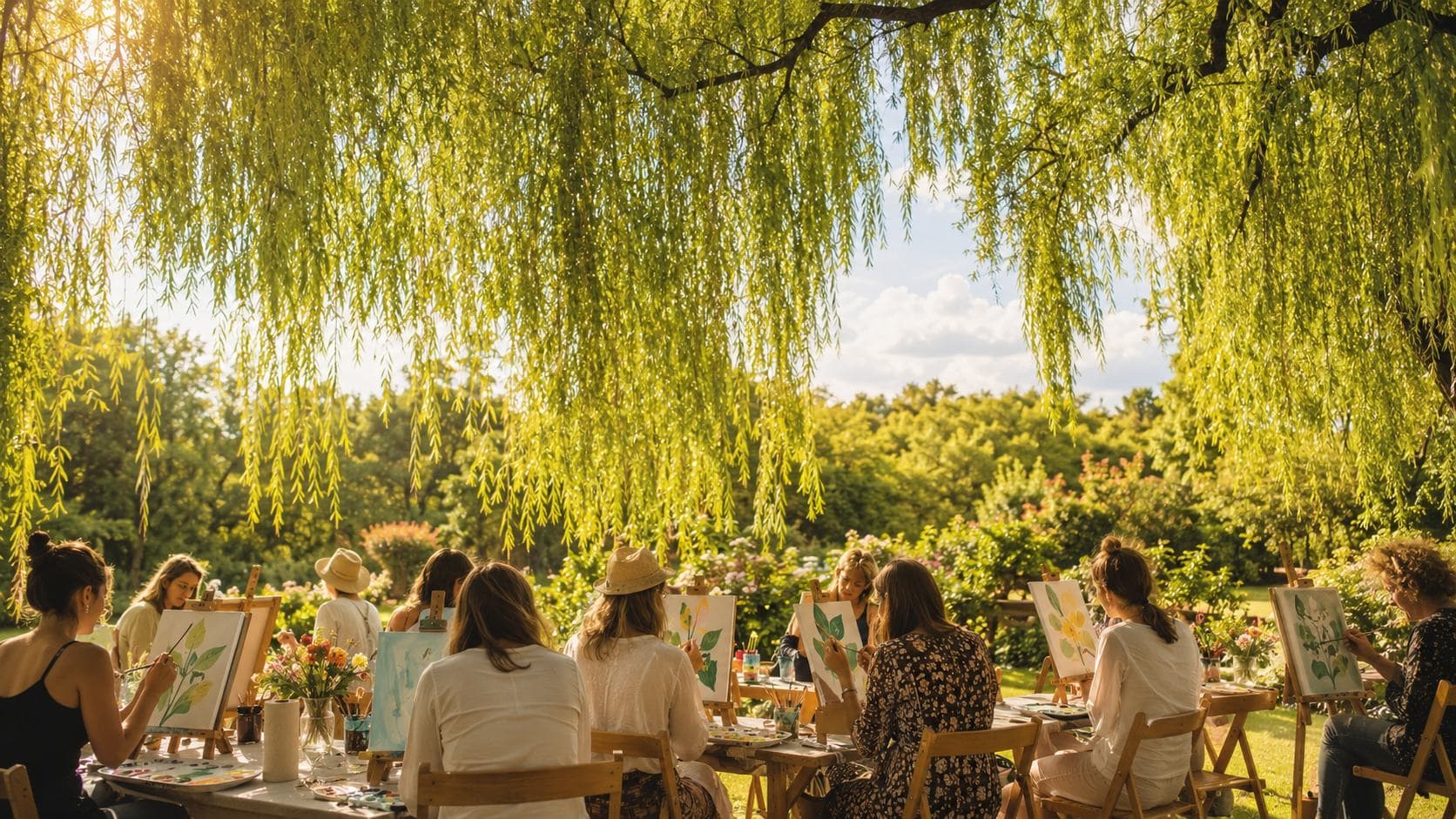 A painting workshop under a willow, easels out