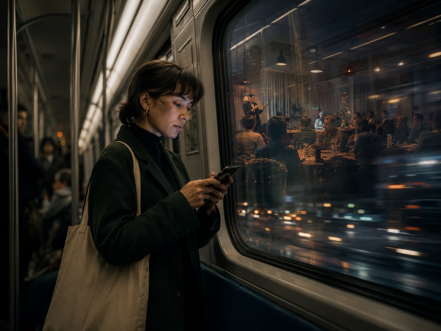 Someone on a train home, adding one more thought on her phone